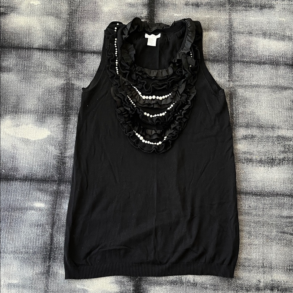 Spiegel Black Ruffle Sleeveless Sweater Tunic, rhinestone and pearl detail